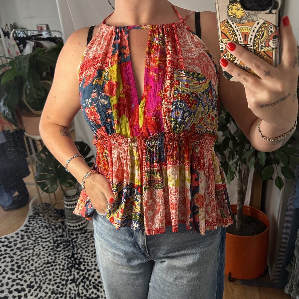 Rachel Zoe Patchwork Floral Paisley Peplum Cutout Halter Top Red Size Small